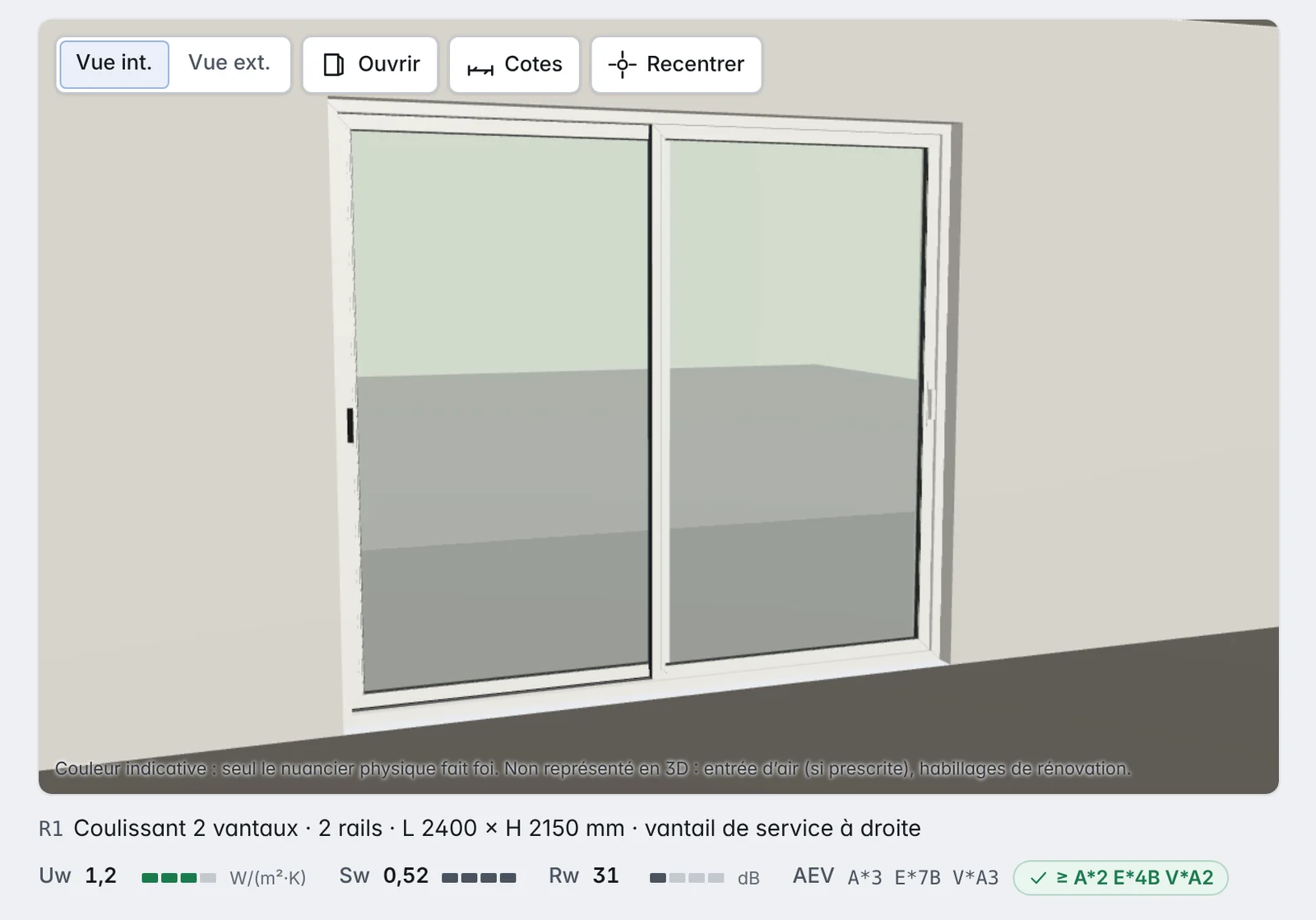 Baie coulissante aluminium deux vantaux en 3D dans le configurateur Kadrima, cotes affichées