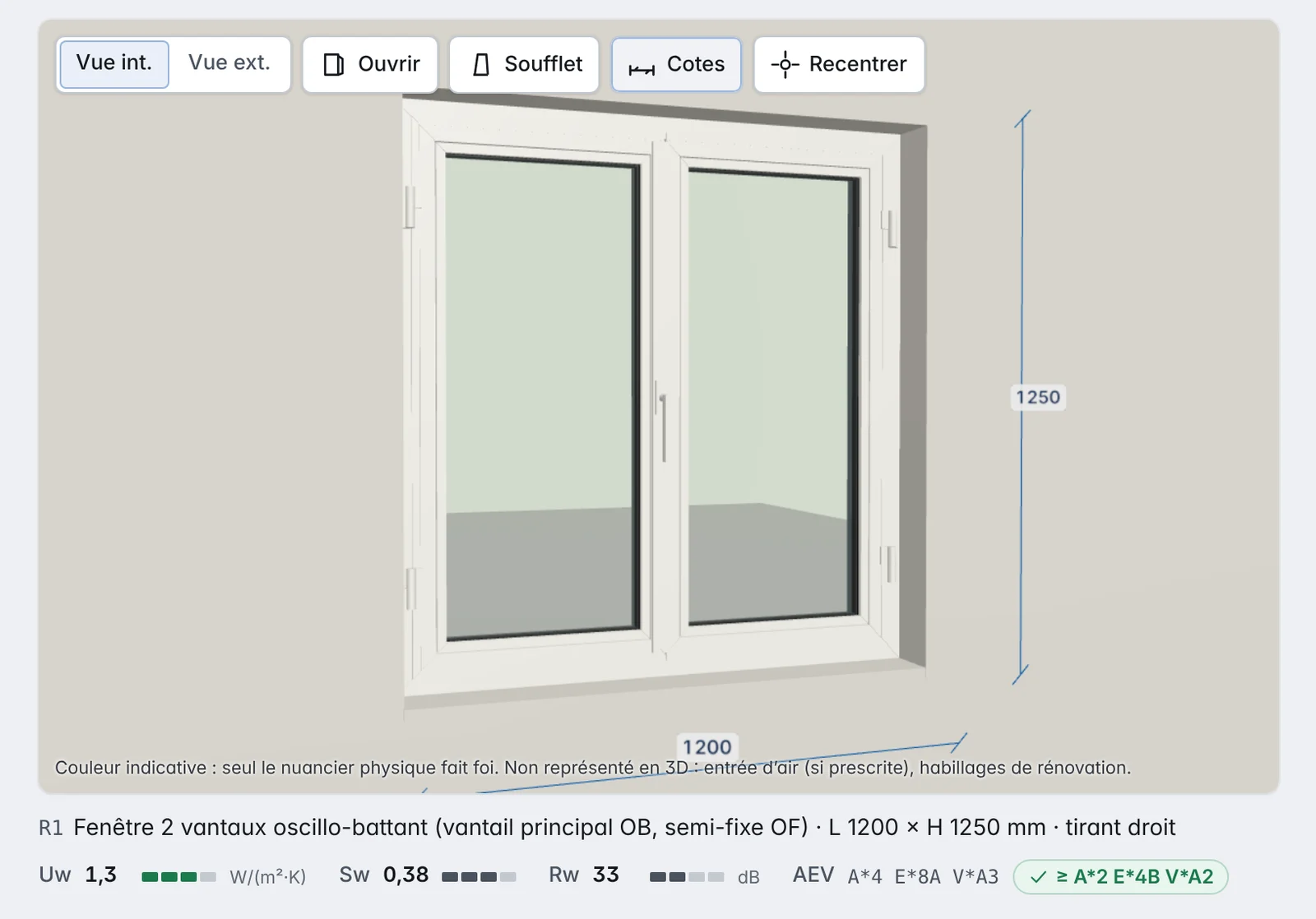 Fenêtre aluminium deux vantaux en 3D dans le logiciel de devis Kadrima, avec ses cotes