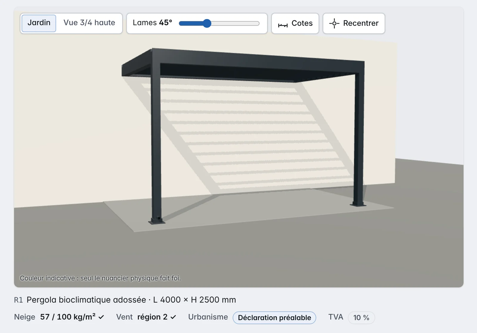 Pergola bioclimatique adossée à lames orientables en 3D dans le logiciel de devis Kadrima