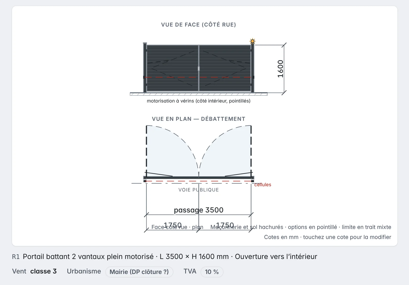 Plan coté d’un portail aluminium : passage, piliers et cotes de fabrication
