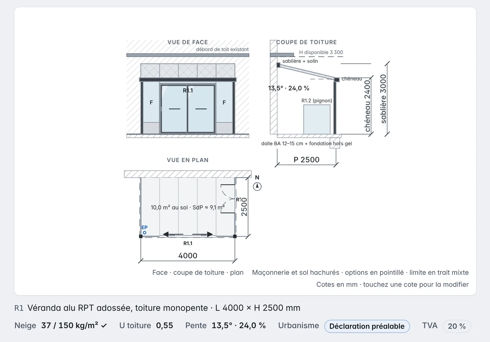 Plan coté d’une véranda aluminium : façade, toiture et cotes de fabrication